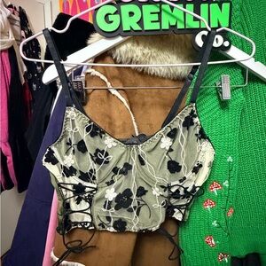 ROMWE Olive Green & Black Floral Lace-Up Cropped Cami